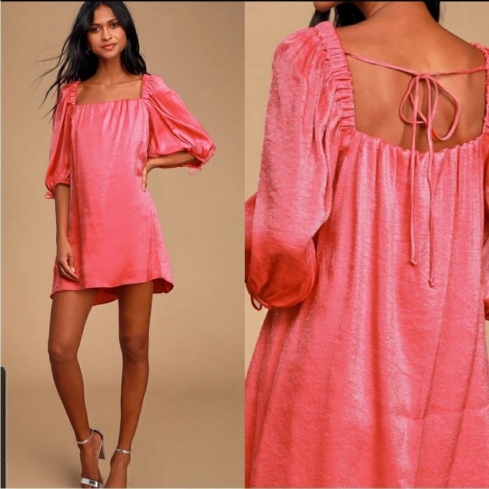 Free People Mara Shimmer‎ Puff Sleeves Dress Hot Pink - size small